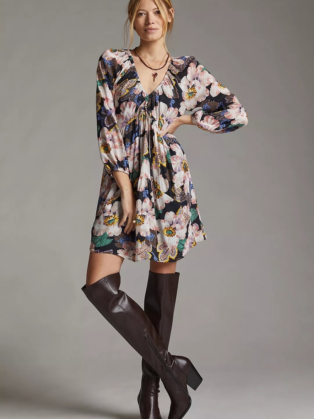 Anthropologie Tiered Floral V-Neck Long-Sleeve Mini Dress